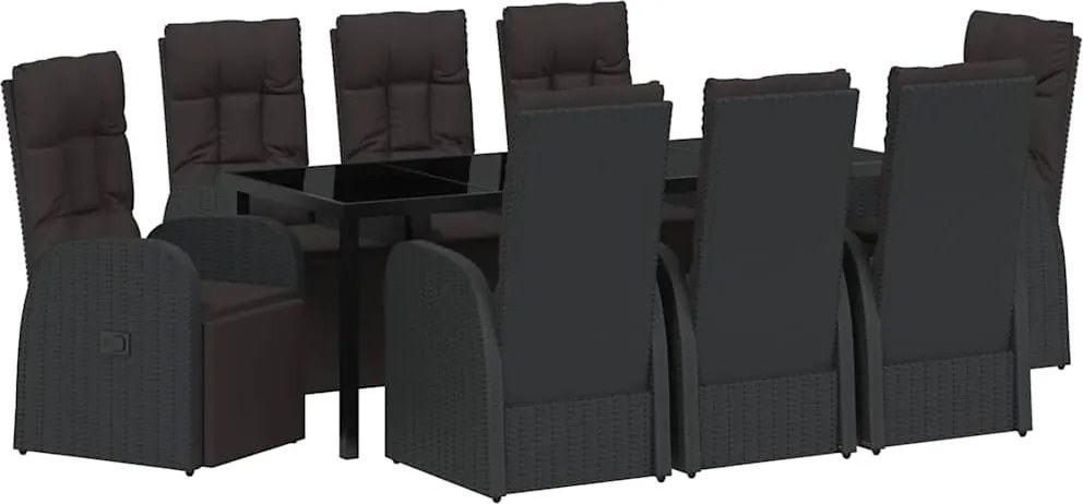 vidaXL Kert étkező szett párnával 9 pcs Fekete polirattan