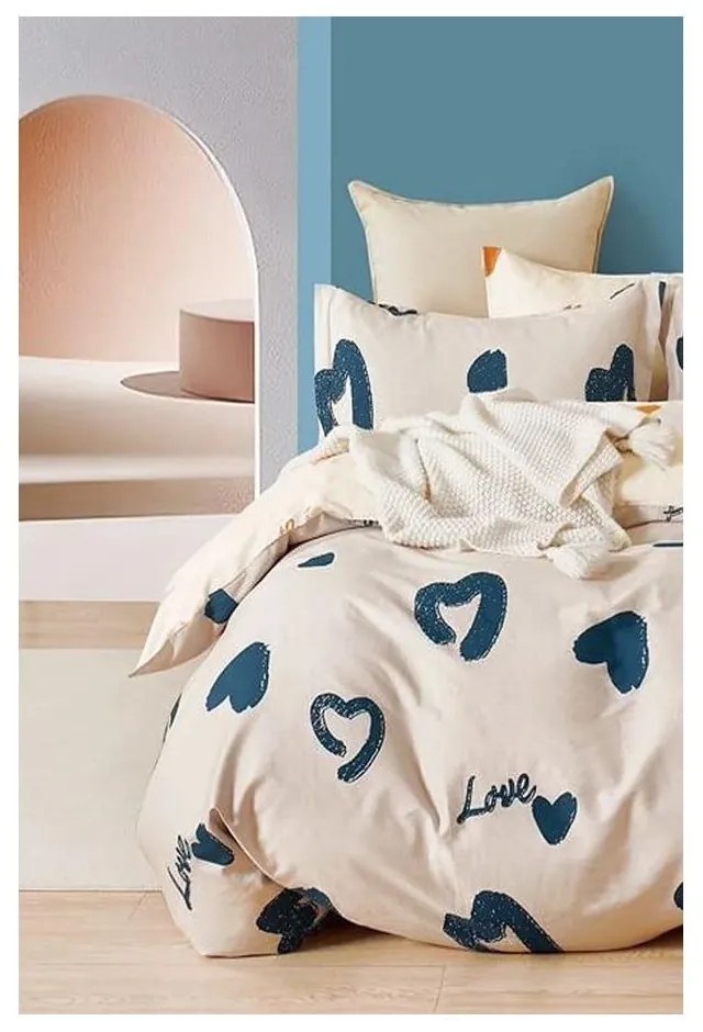 Bézs kétszemélyes hosszabbított négyrészes renforcé pamut ágyneműhuzat lepedővel 200x220 cm Amore – Mila Home