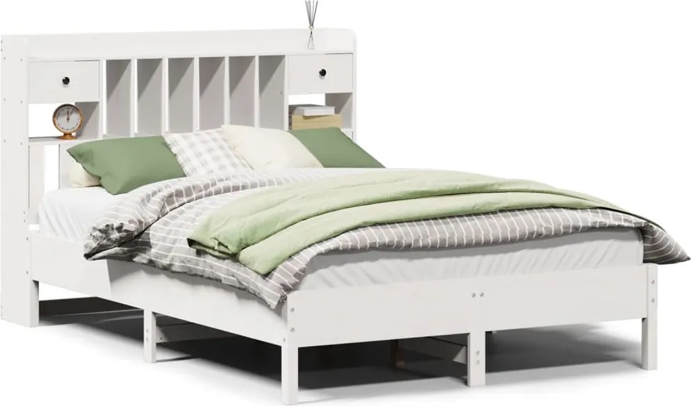 vidaXL fehér tömör fenyőfa könyvespolcos ágy matrac nélkül 140x200 cm