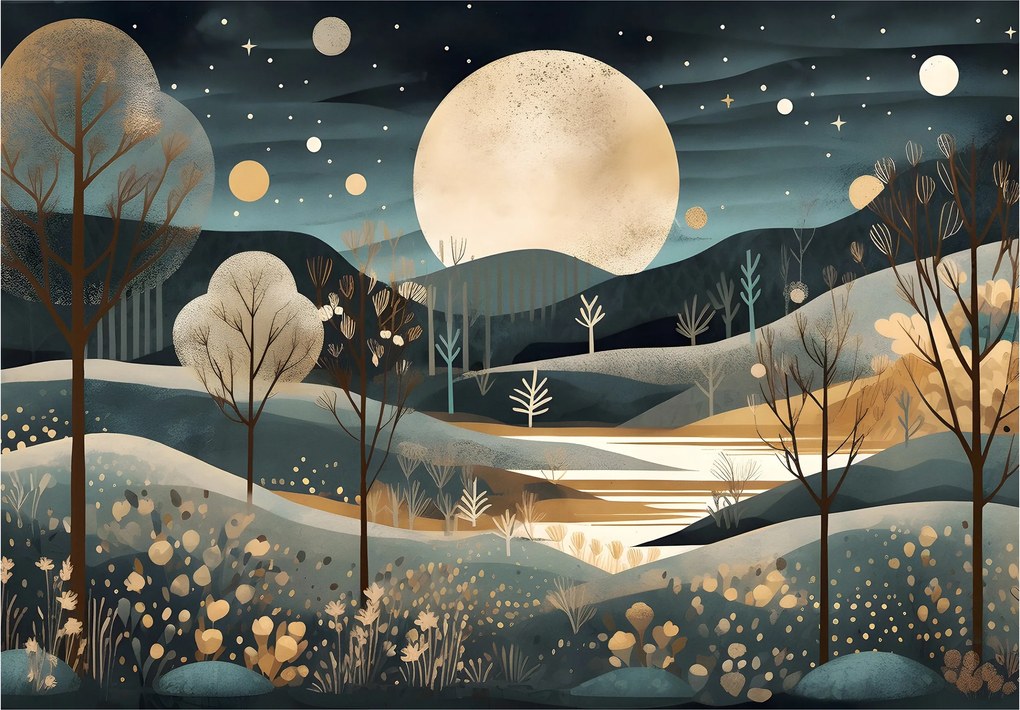 Fotótapéta Éjszaka hold fák tó nyugalom és mágia 254x184 +ragasztó