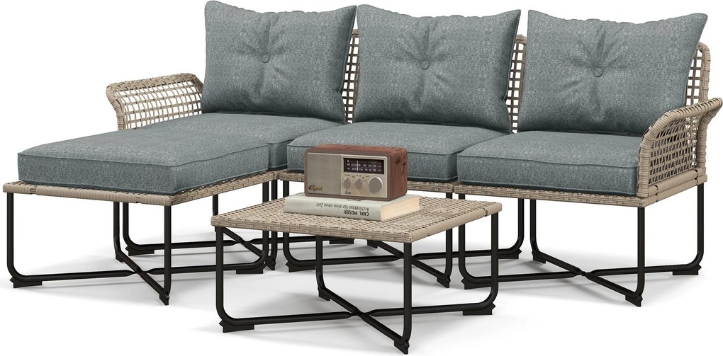 Outsunny 5 darabos szürke szintetikus rattan kerti bútor szett kültéri használatra, 2 sarokkanapéval, 1 kültéri kanapéval, 1 puffal, 1 kávézóasztallal