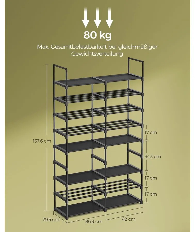 Állítható cipőtartó, 8-szintes cipőrendező, fekete