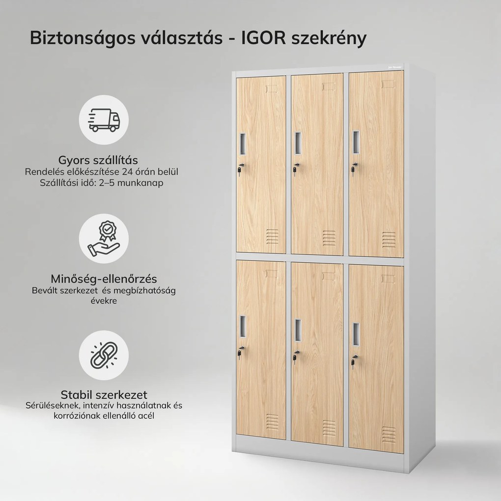 Munkavédelmi öltözőszekrény, 6 ajtós, szürke/sonoma tölgy, 900x1850x450 mm: IGOR Eco Design