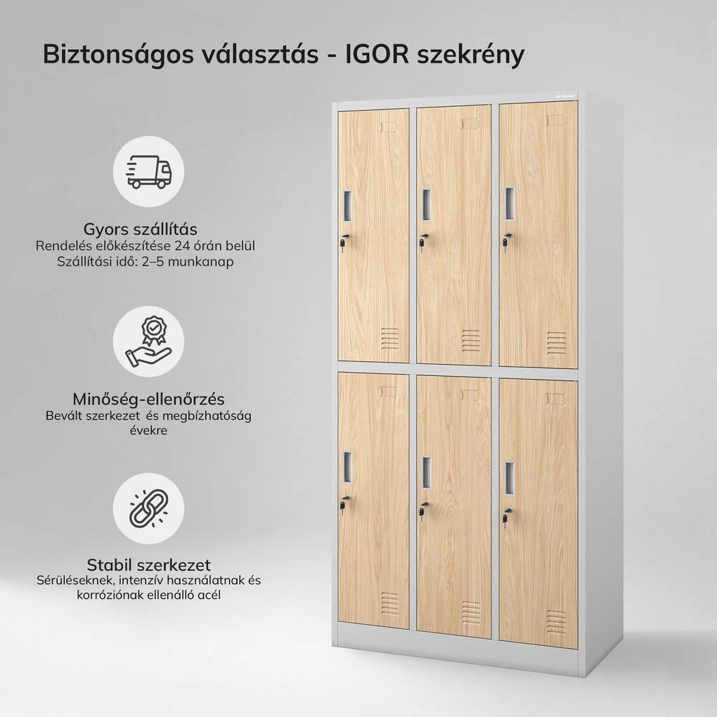 Szürke / Sonoma tölgy színű, 6 ajtós Eco Design IGOR BHP öltözőszekrény, 900 x 1850 x 450 mm