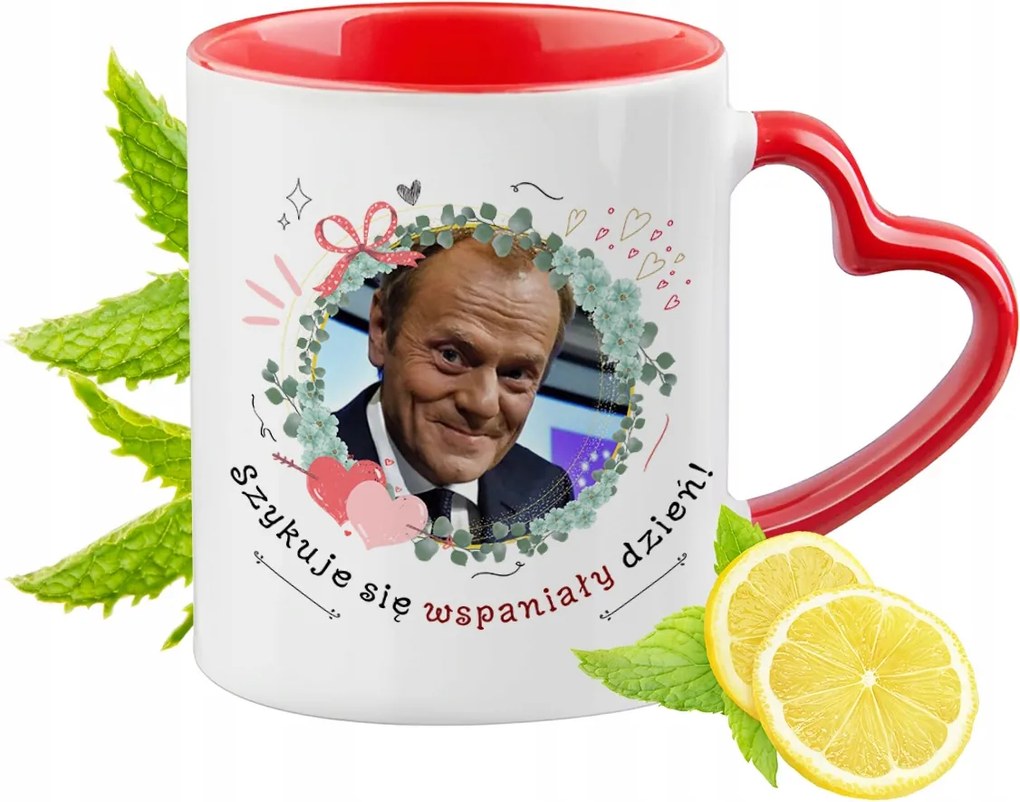 Donald Tusk Piros Bögre Szív Alakú Füllel Ajándék