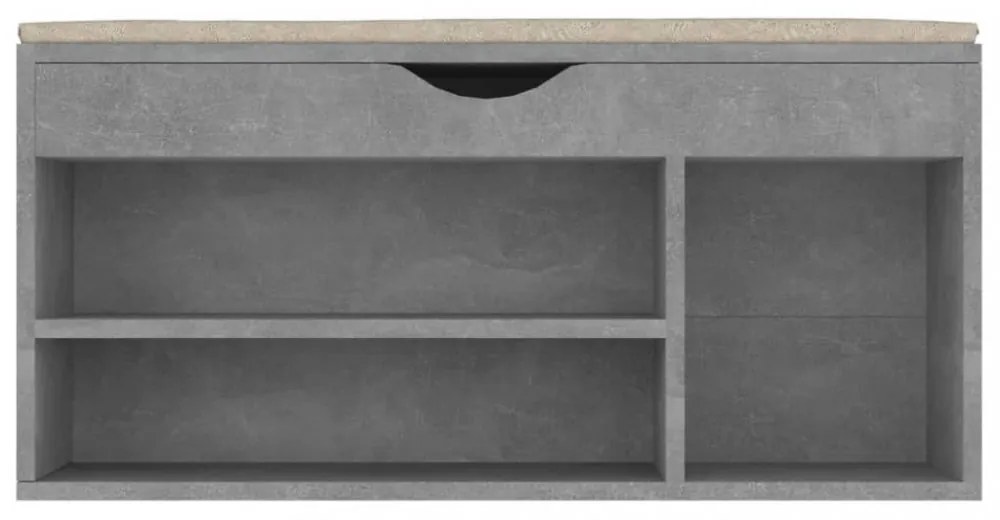 betonszürke szerelt fa cipőtároló pad párnával 104 x 30 x 49 cm