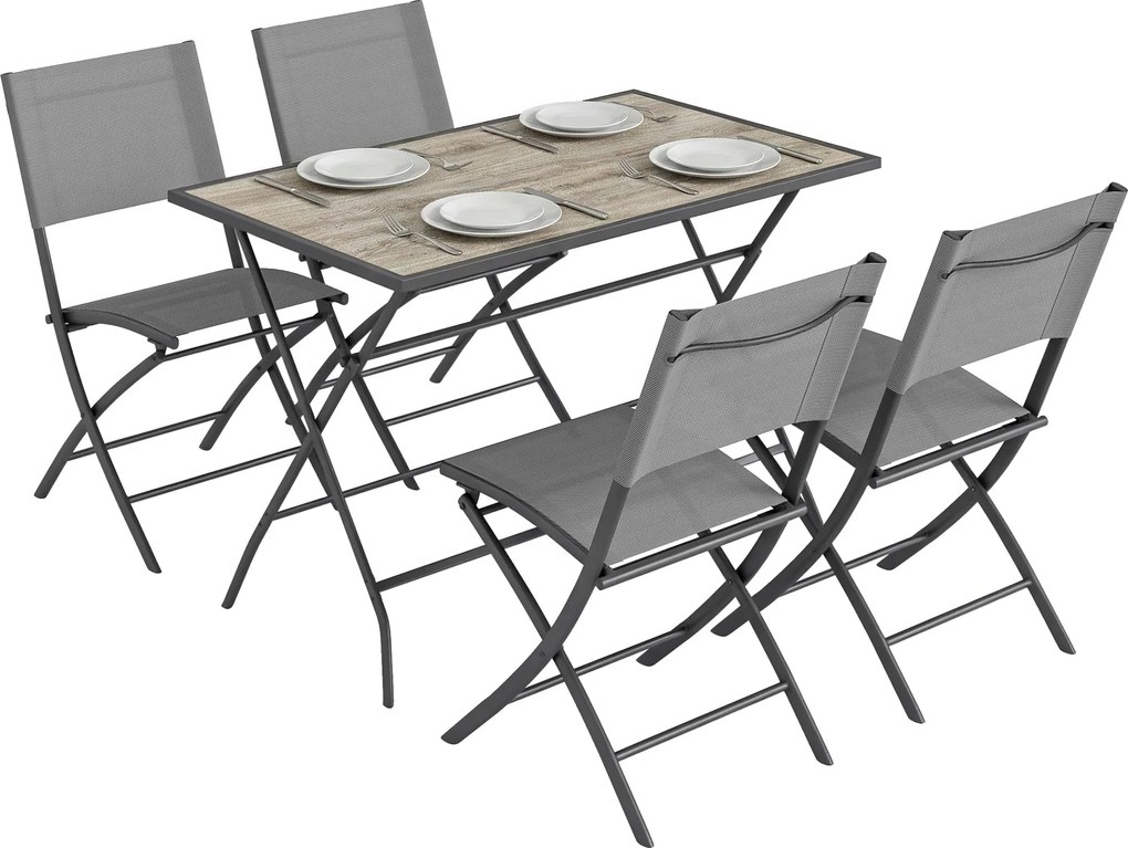 Outsunny 5 részes összecsukható kerti étkezőgarnitúra – szürke faerezetű asztal és 4 légáteresztő hálós szék, helytakarékos, időjárásálló | Aosom