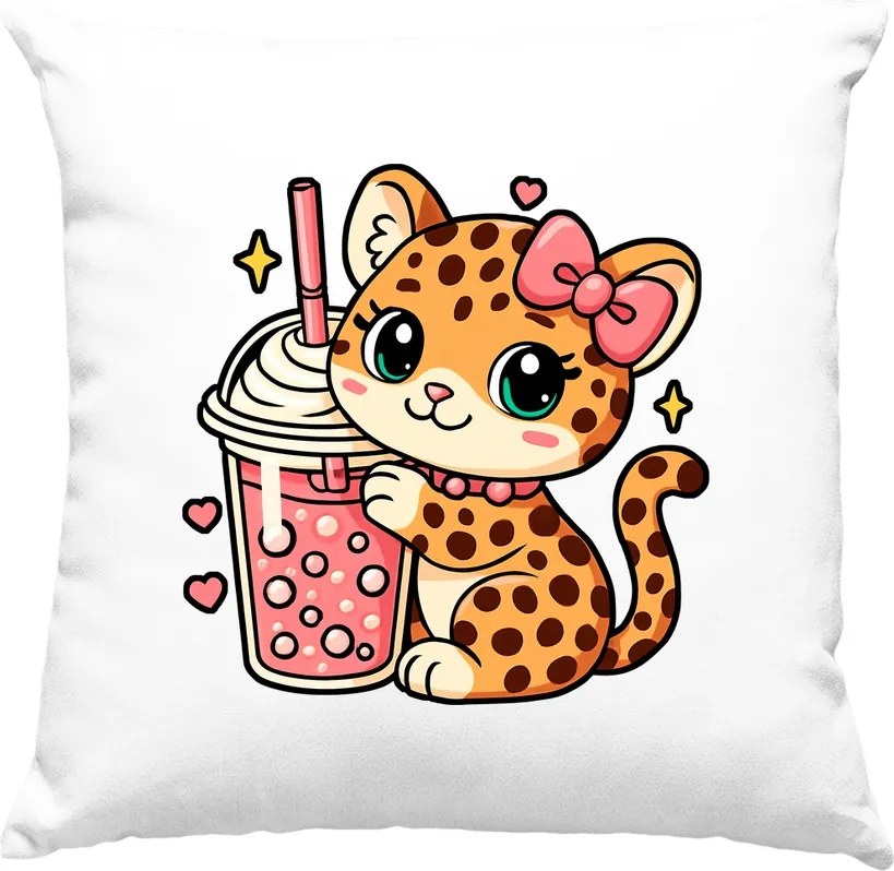 Cica és Bubble Tea párna, fehér
