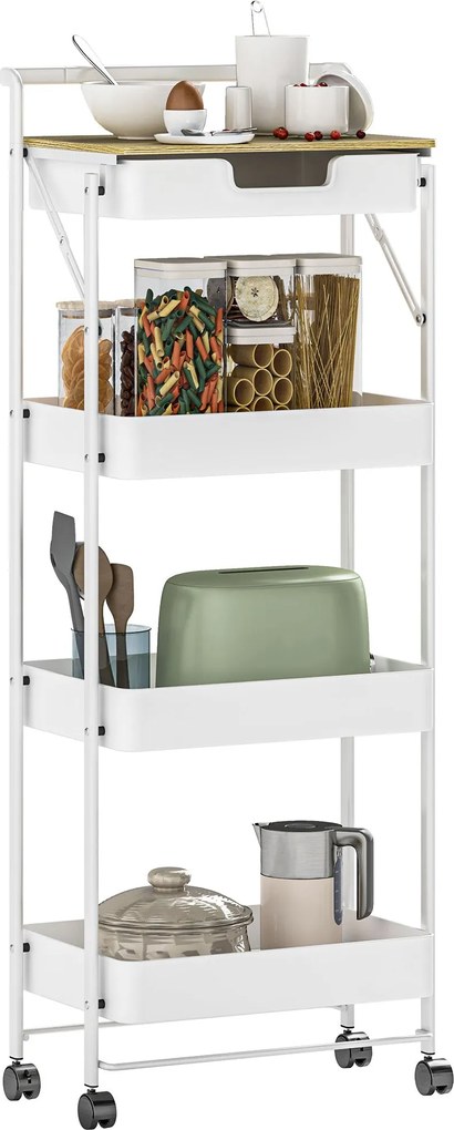 HOMCOM 4-Szintes Használati Kocsi Kerekekkel, Konyhai Kocsi 1 Fiókkal és 3 Kosárral, Szervező Kocsi a Hálószobába, Nappaliba, Irodába - Fehér | Aosom
