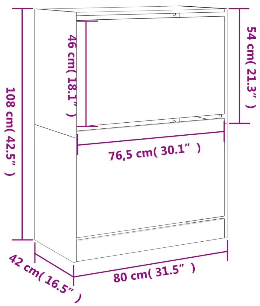 füstös tölgy cipőszekrény 2 kihajtható fiókkal 80x42x108 cm