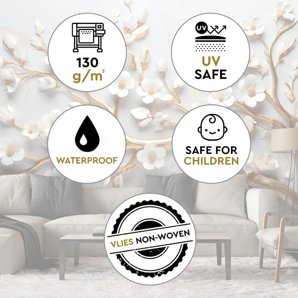 Gario Fotótapéta Arany ág fehér magnólia virágokkal Anyag: Vlies, Méret: 450 x 315 cm