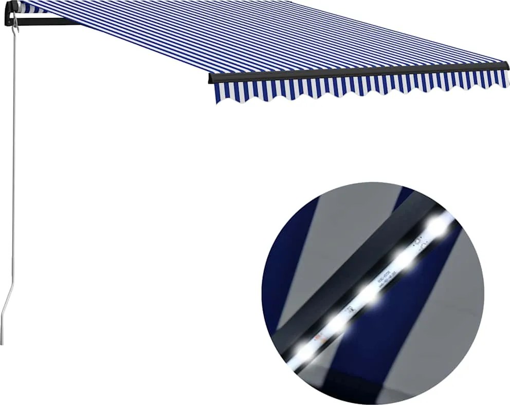 vidaXL kék és fehér kézzel kihúzható LED-es napellenző 300 x 250 cm