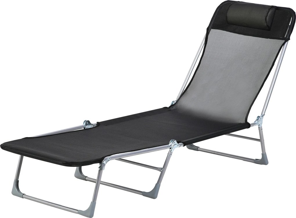 Outsunny Összecsukható és Dőlt Kerti Napozóágy Állítható Fejtámlával és Háttámlával 5 Fokozatban Lélegző Textilbőr Anyagban 182x56x28 cm Fekete | Aoso
