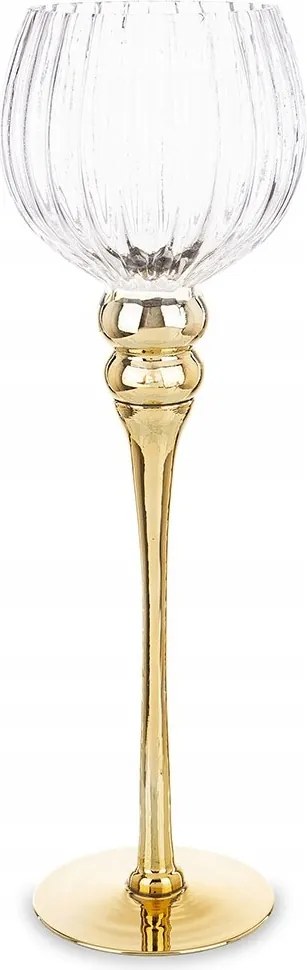 Gyertyatartó Üveg Kehely 40cm Arany Átlátszó Bordázott Tealight