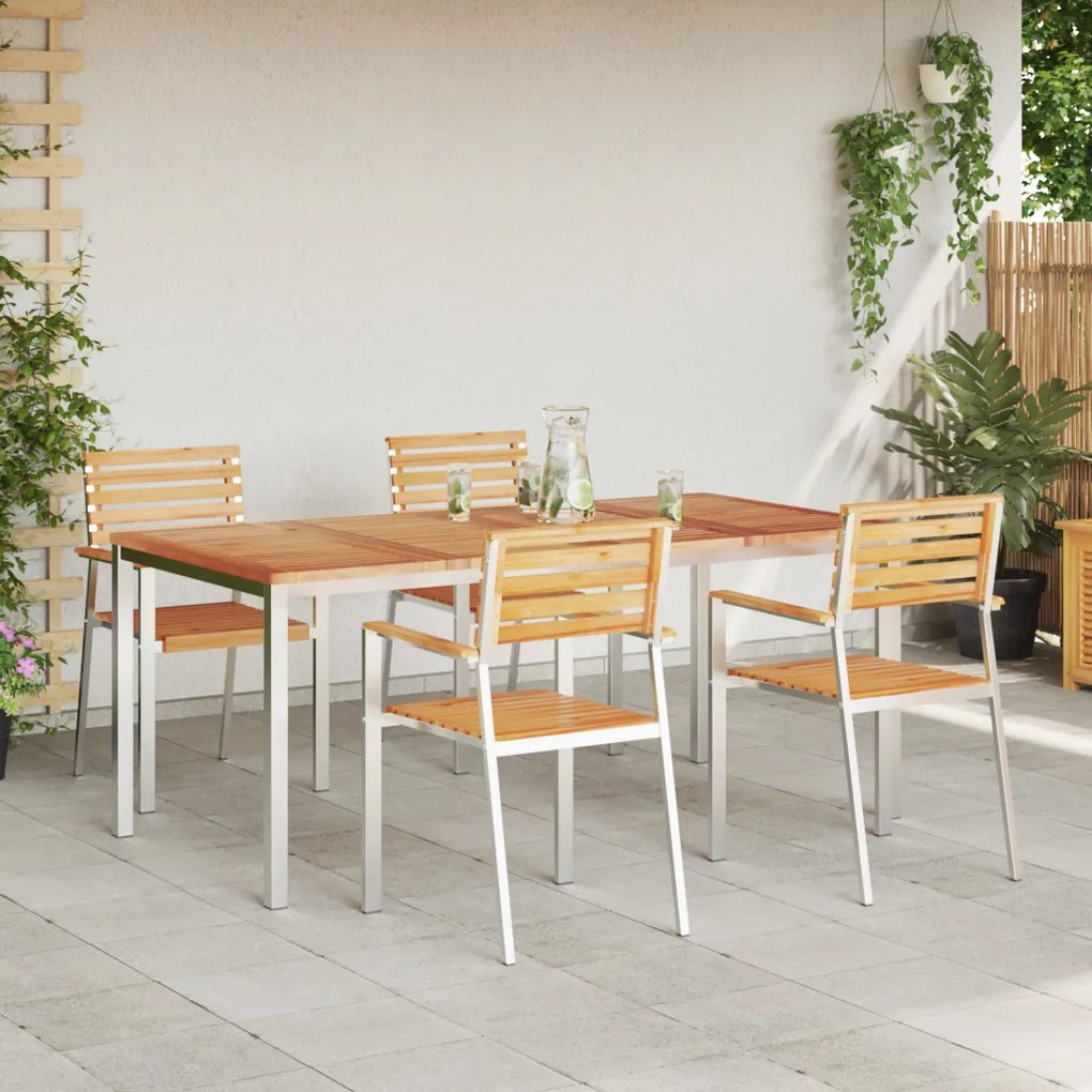 5 darabos kert étkezőszett tömör tíkfából, szabadtéri étkezőasztal 180x90x75 cm tömör tíkfából, összecsukható kerti székek 4 db tömör tíkfából és acélból