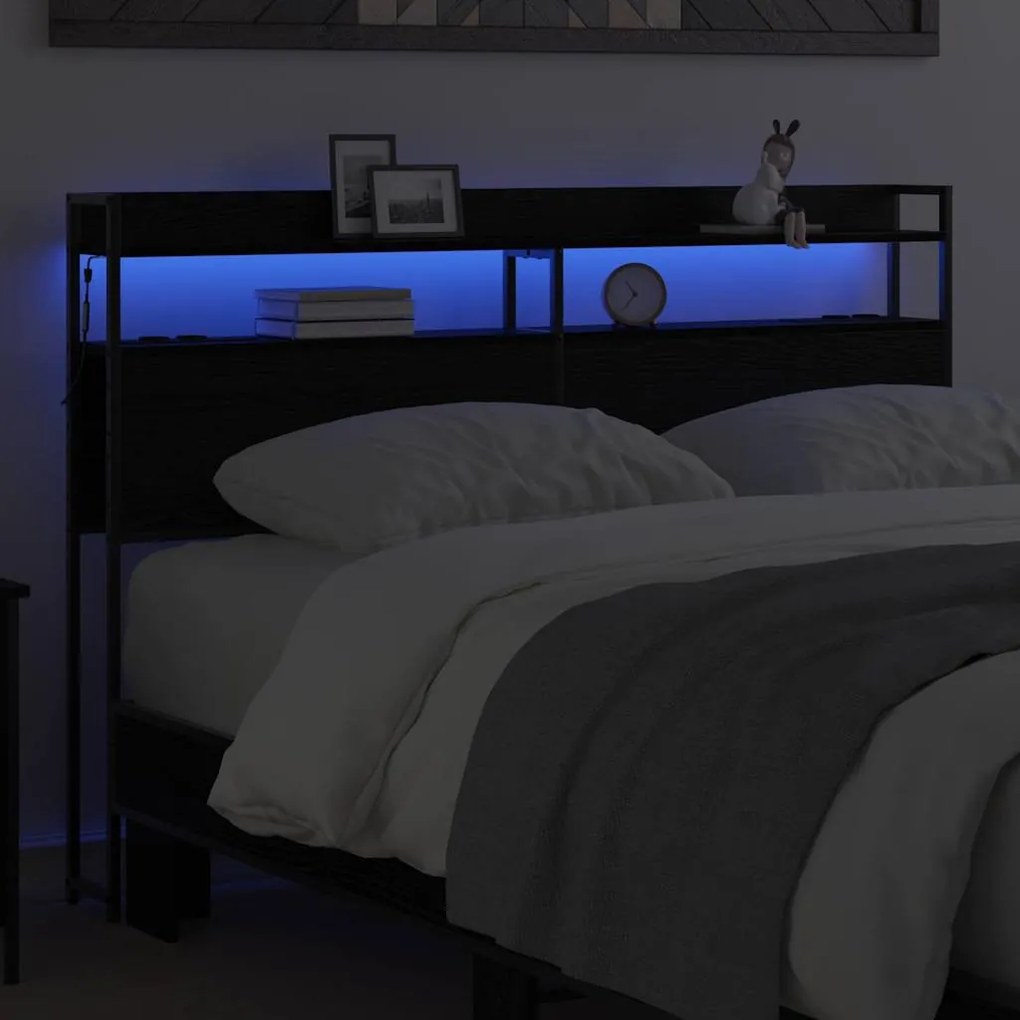 Fejtámla LED -es lámpákkal polcokkal Musta tammi 160 cm Faanyag