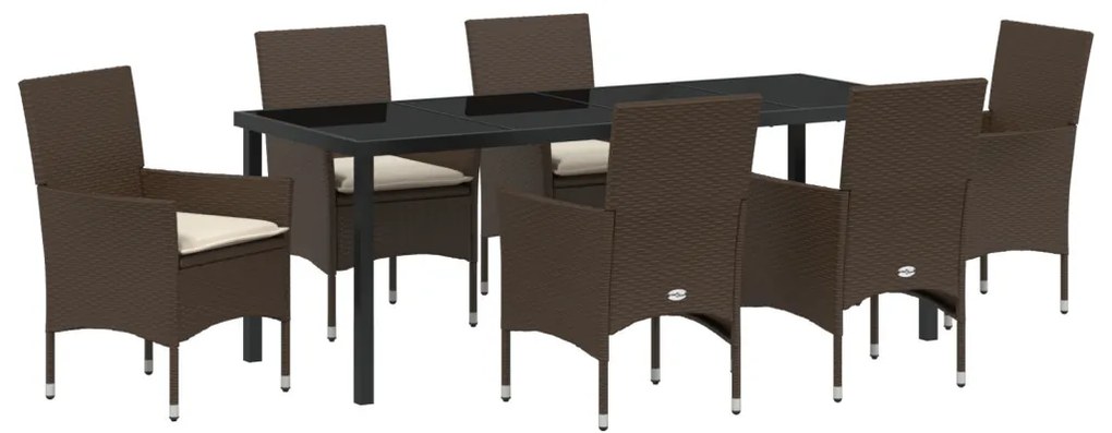 7 Darabos Kerti Étkezőkészlet Párnákkal Barna Poli Rattan, Kerti Asztal Fekete 200x80x73 cm Edzett Üveg