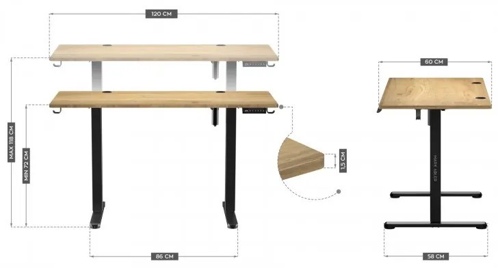 Állítható magasságú íróasztal, elektromos magasságállítással, 120 cm x 60 cm, memória funkcióval, fa