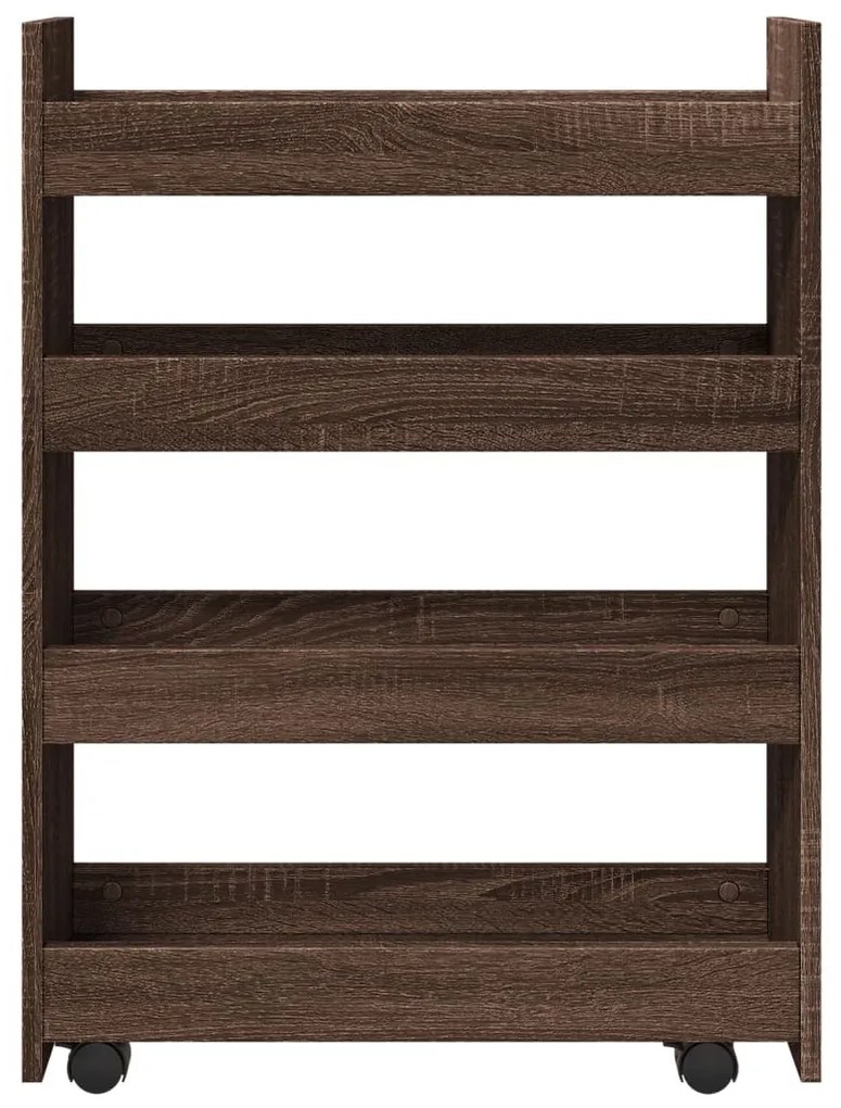 4 szintes barna tölgy színű szerelt fa keskeny tárolókocsi