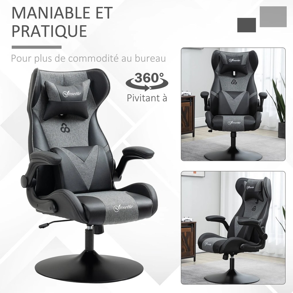 Vinsetto Ergonomikus Játékos Szék Magasság állítható Kerek Alap Flip-up Karfa Fejtámla és Lumbális Párnákkal PU Szürke Fekete | Aosom