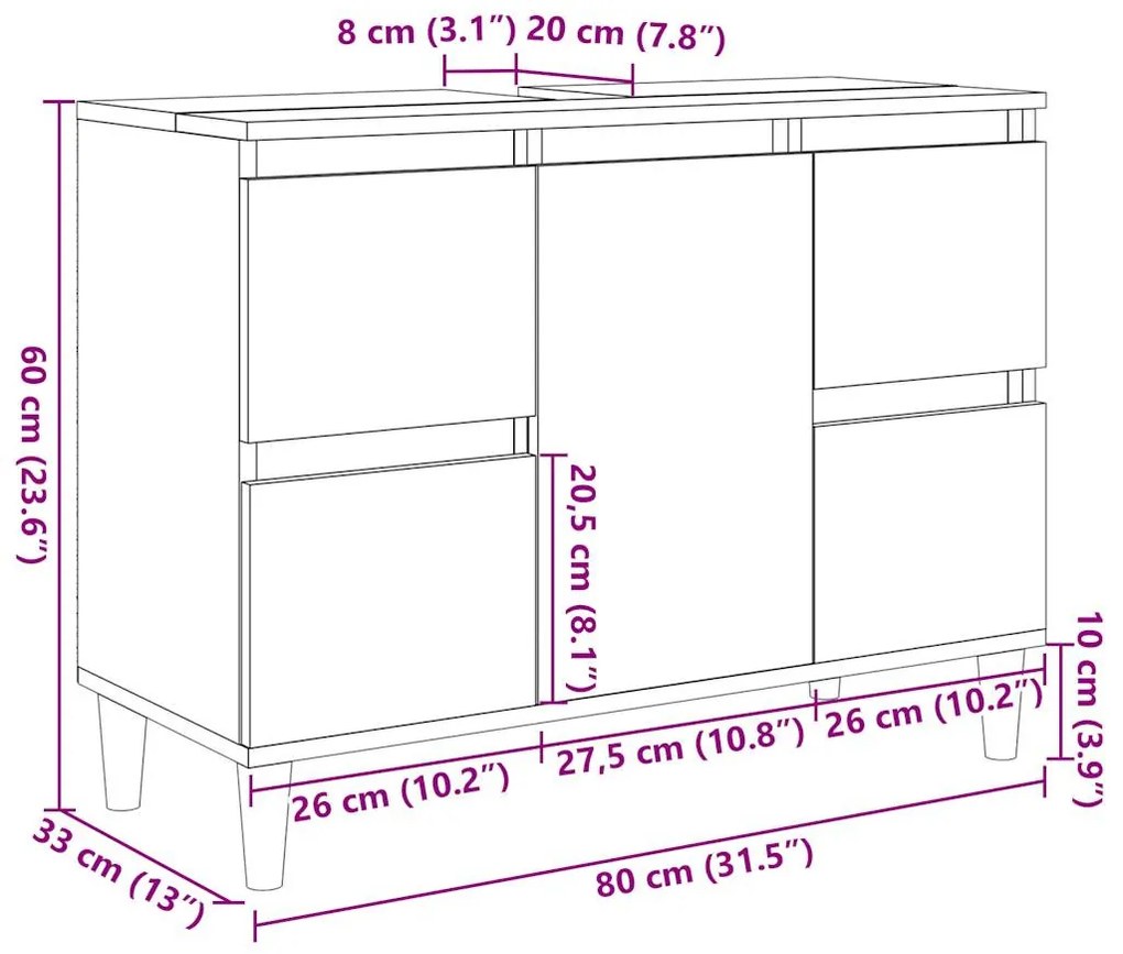 antik fa színű szerelt fa mosdószekrény 80 x 33 x 60 cm