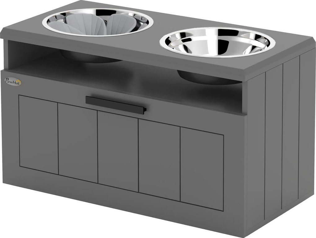 PawHut Kutyatálak, Emelt Etetőállomás 2 Rozsdamentes Acél Tálcával, Lassú Etető Alátét, Kutyatál Állvány 25L Tárolóval, Ételtál, Vízitál Nagy és Extra