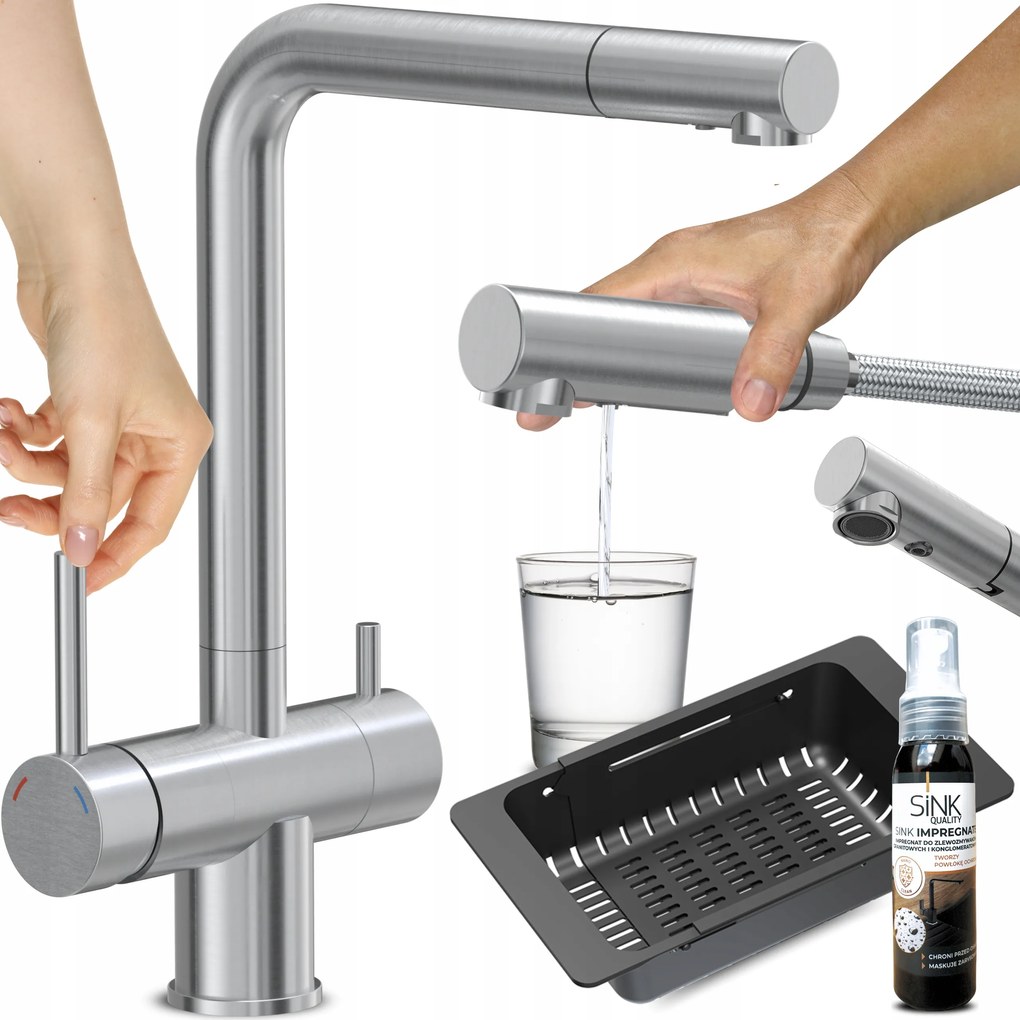 Háromutas Acél Konyhai Csaptelep Kihúzható Szűrő Kifolyócsővel Két Fogantyúval