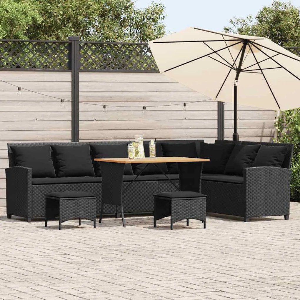 4 részes fekete polyrattan kerti ülőgarnitúra párnával L-alakú