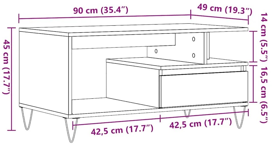 antik fa színű szerelt fa dohányzóasztal 90 x 49 x 45 cm