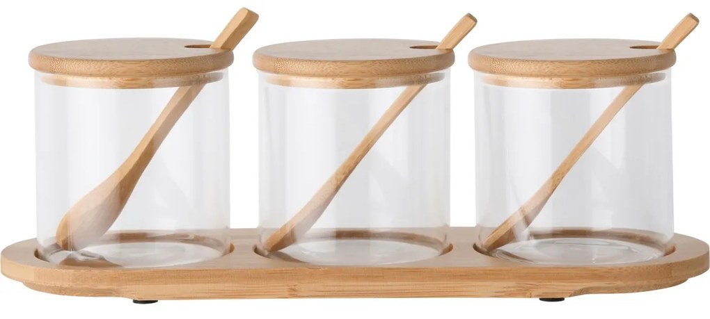 4home Bamboo üveg élelmiszer tároló szett kiskanáll és tálcával 310 ml