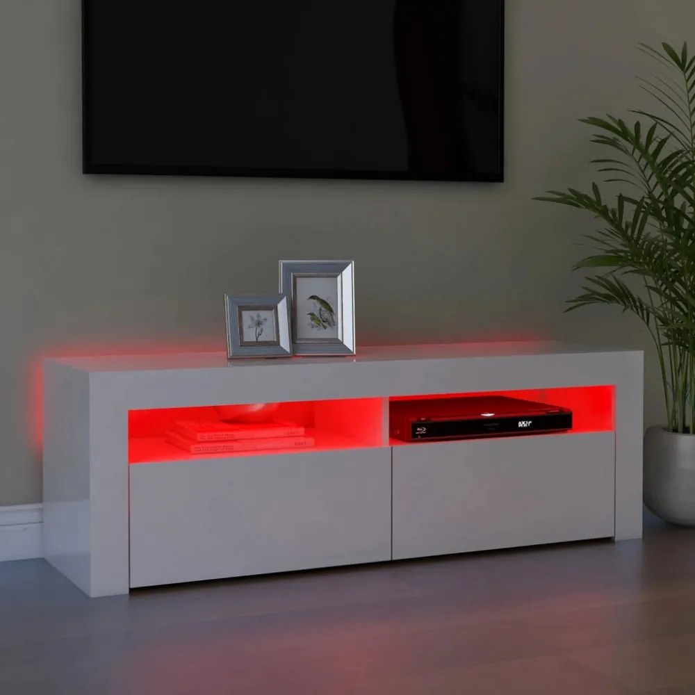 magasfényű fehér TV-szekrény LED lámpákkal 120 x 35 x 40 cm