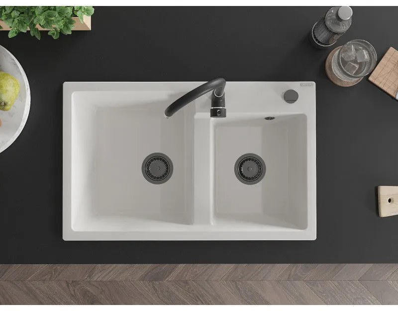 Mexen Tomas, gránit mosogató 800x500x190 mm, 2 kamrás és fekete Telma csaptelep, fehér, 6516-20-670200-70