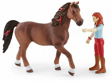 Schleich 42539 Vörös hajú Hannah mozgatható végtagokkal lovon, 15 cm