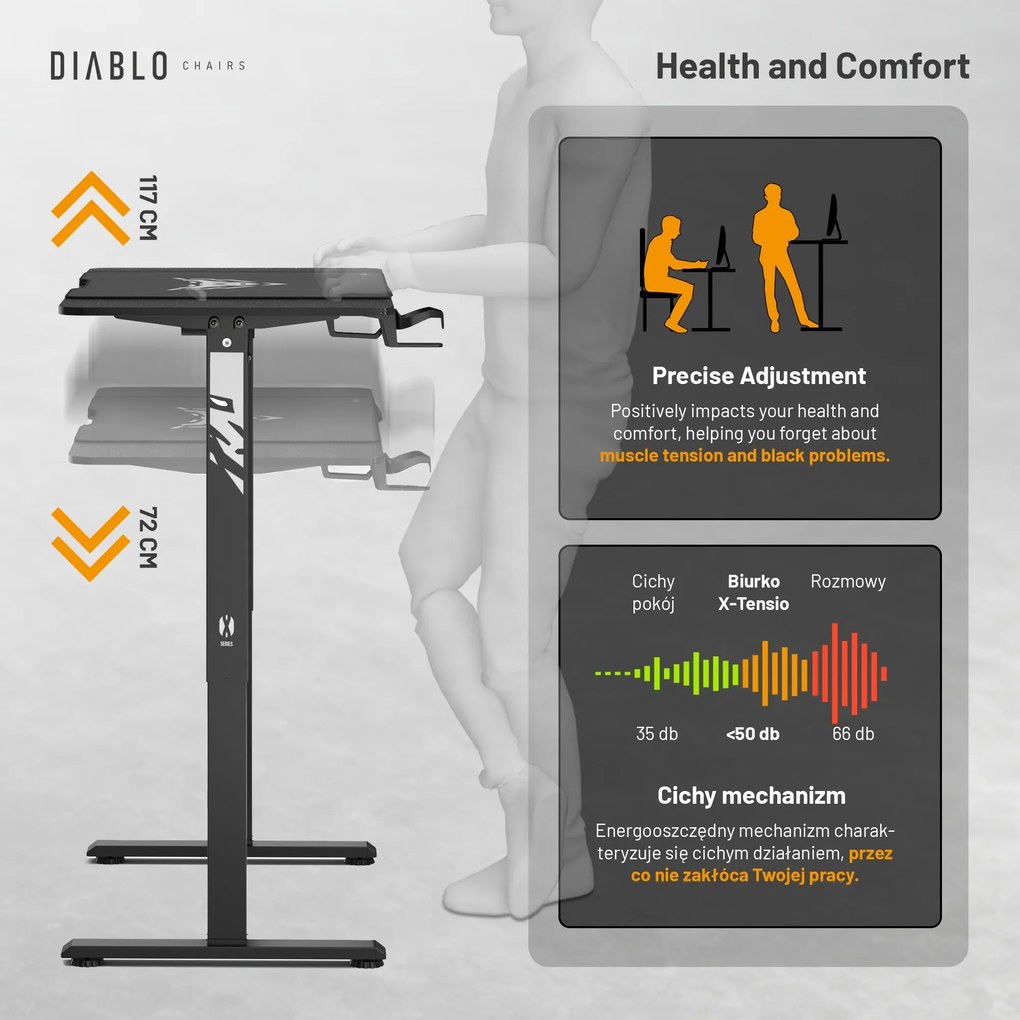 Elektromosan magasságban állítható íróasztal 140 cm fekete: Diablo X-Tensio 1400