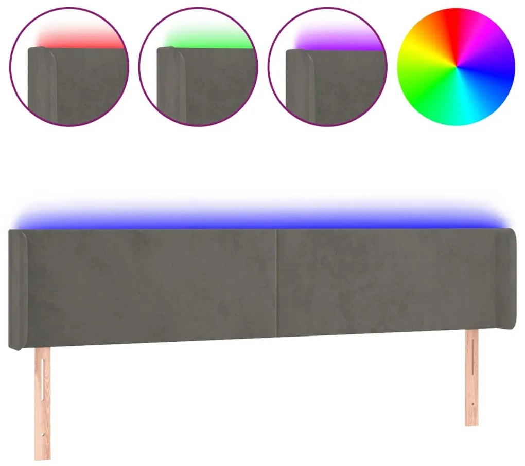 sötétszürke bársony LED-es fejtámla 203 x 16 x 78/88 cm