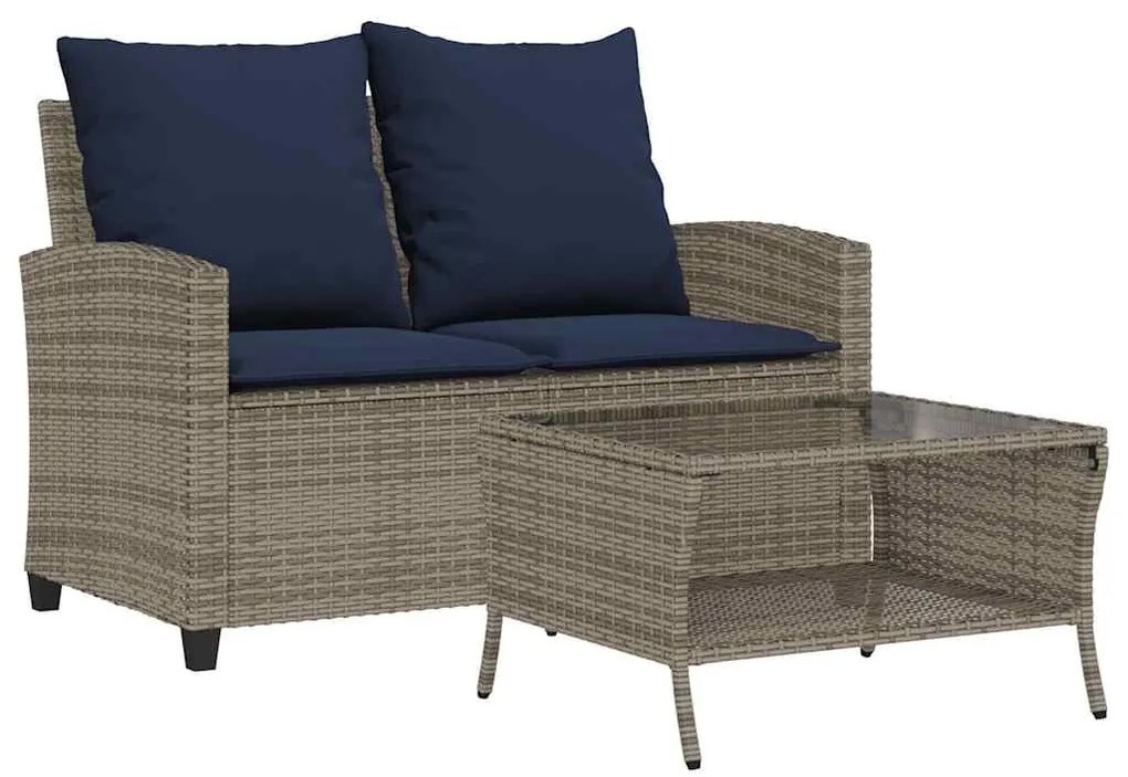 2 személyes szürke polyrattan kerti kanapé asztallal&amp;párnával