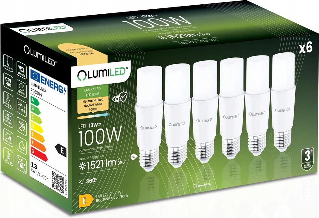 6x Led izzó Stick E27 13W 100W 1521lm 3000K Meleg Lumiled