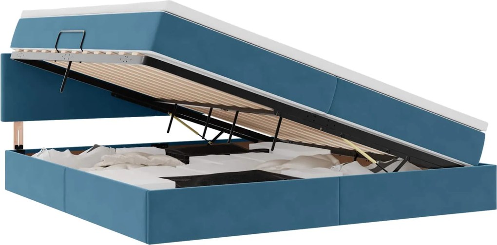vidaXL Tárolós Ágy matracmal tárolóval Sötét kék 200 x 200 cm Bársony