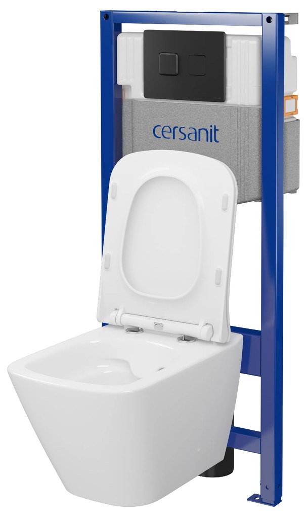 Cersanit City, System50 PNEU süllyesztett keret + függő WC csésze City Square CleanOn + fekete gomb Circle, S701-777