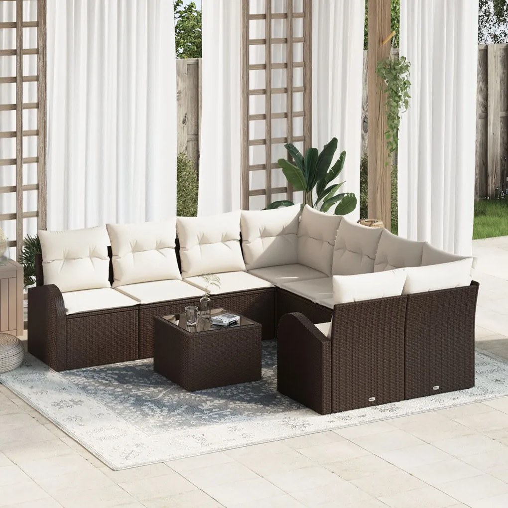 9 részes kerti kanapé szett párnákkal Barna Poly Rattan, 2 személyes kerti kanapé tárolóval &amp; párnákkal Barna Poly Rattan