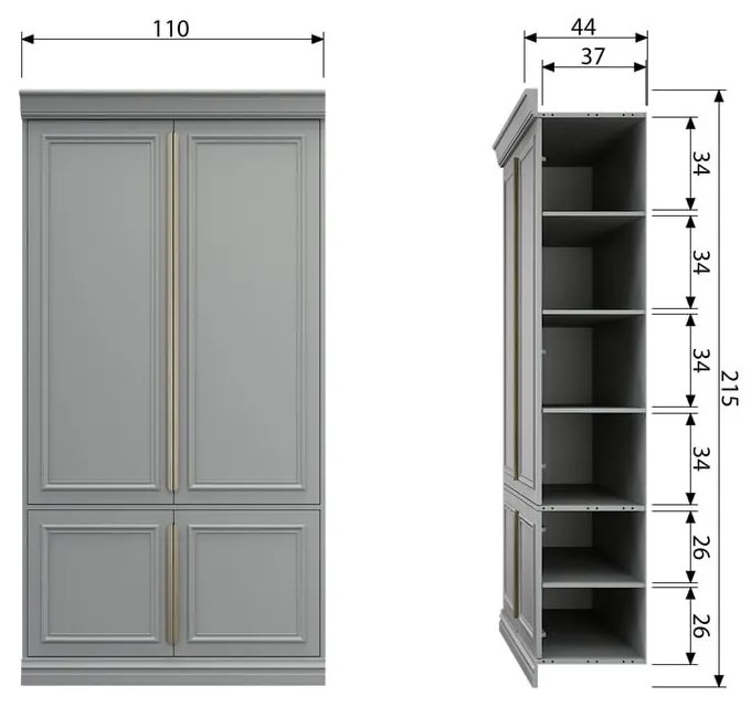 Világosszürke borovi fenyő ruhásszekrény klasszikus ajtóval 110x215 cm Organize – BePureHome
