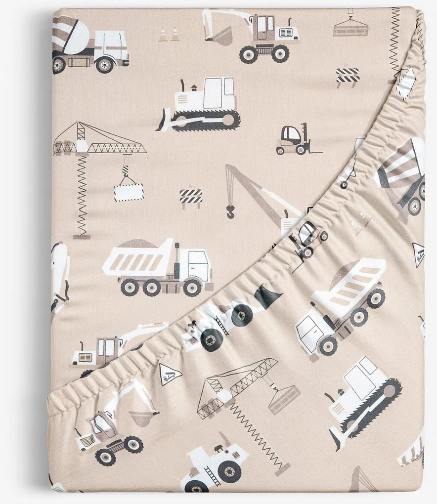 Goldea gyerek pamut körgumis lepedő - teherautók és markolók bézs alapon 90 x 200 cm