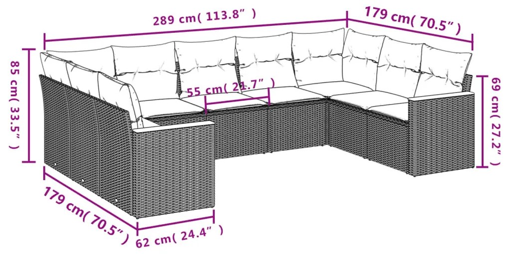 9 részes fekete polyrattan kerti ülőgarnitúra párnákkal