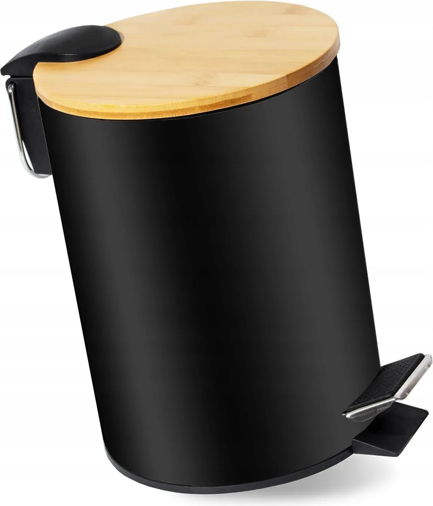 Fürdőszobai Szemeteskosár 3L Kerek Fekete Matt Bambusz Pedállal Fém