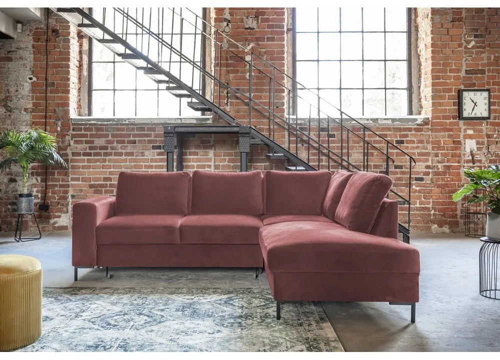 Rózsaszín bársony kinyitható sarokkanapé (jobb oldali) Lofty Lilly – Miuform