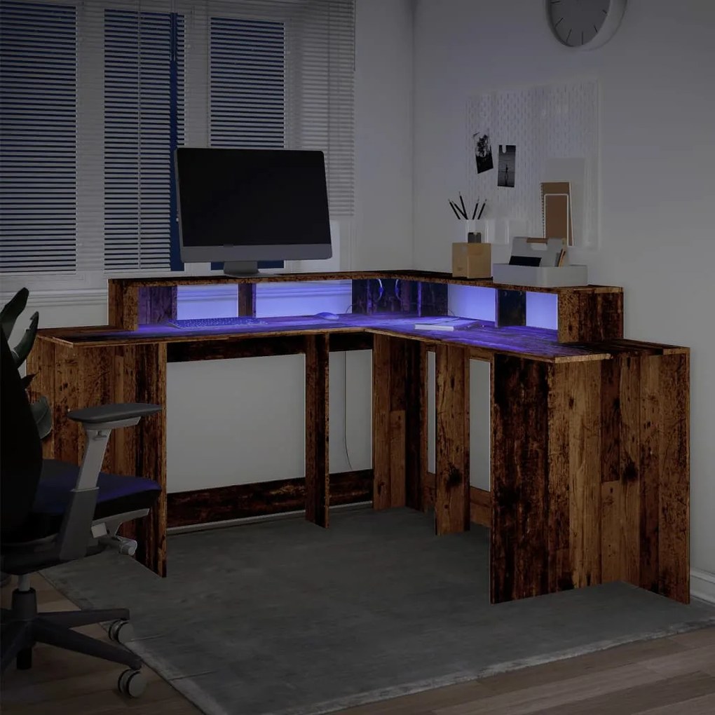 antik fa színű szerelt fa íróasztal LED-ekkel 152 x 152 x 91 cm