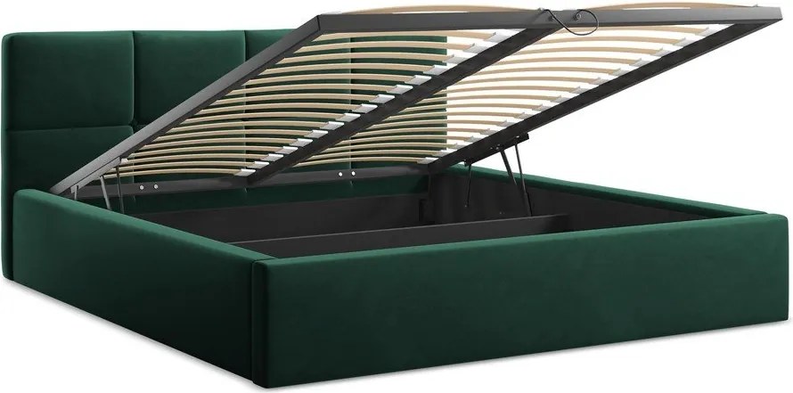 Sötétzöld bársony kárpitozott ágyneműtartós franciaágy ágyráccsal 140x200 cm Hiko – Makamii