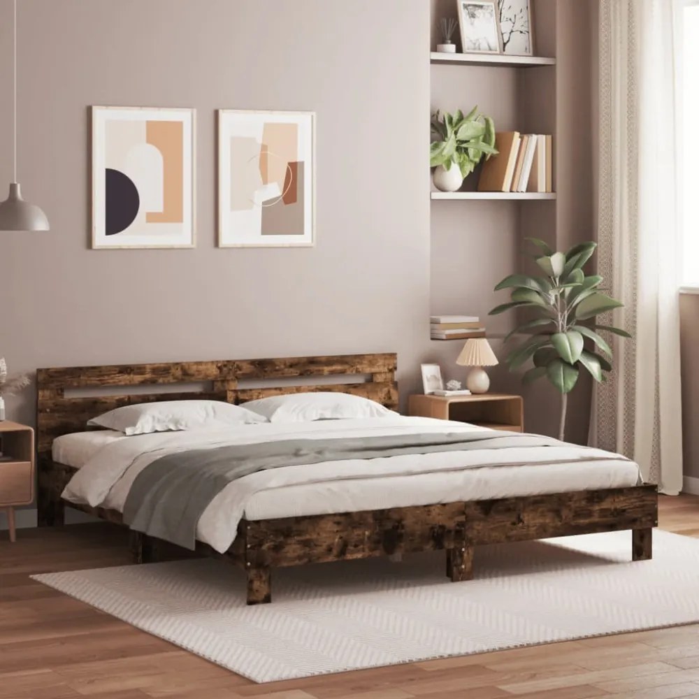 füstös tölgy színű szerelt fa ágykeret fejtámlával 180x200 cm