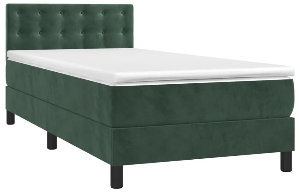 sötétzöld bársony rugós és LED-es ágy matraccal 90x190 cm