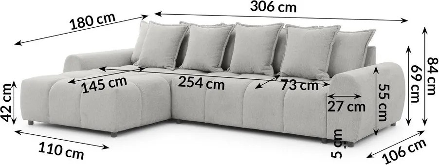 Világosszürke sarokkanapé (bal oldali-heverő résszel) Albane – Ropez